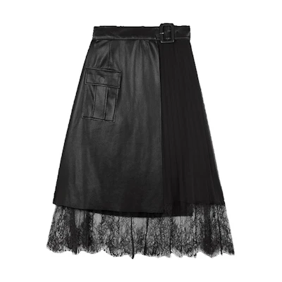 (Women) Self-Portrait Lace Pocket High-Waist A-Line Leather Skirt - Classic Black SWF321Q07300