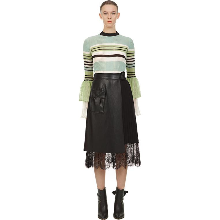 Lookbook (W) Self-Portrait 高腰A字皮革裙附蕾絲口袋 - 經典黑 SWF321Q07300