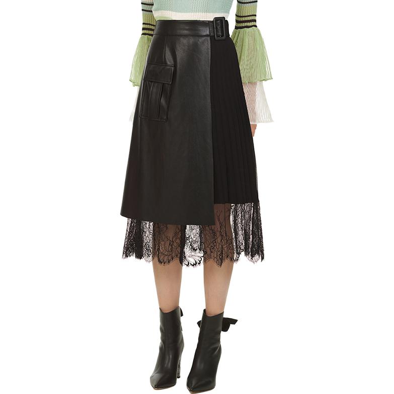 Shop (W) Self-Portrait 高腰A字皮革裙附蕾絲口袋 - 經典黑 SWF321Q07300