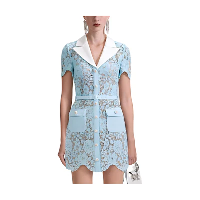 (Women) Self-Portrait Lace Polo Collar Slim Fit Party Dress - Misty Blue SWF343Y08700