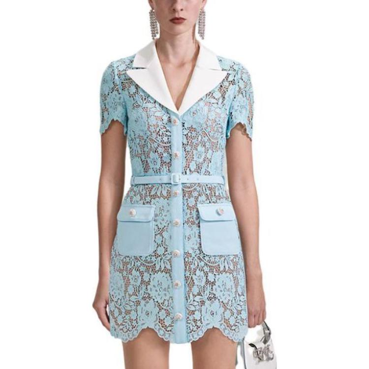 Lookbook (W) Self-Portrait 蕾丝翻领修身派对连衣裙 - 雾霾蓝 SWF343Y08700