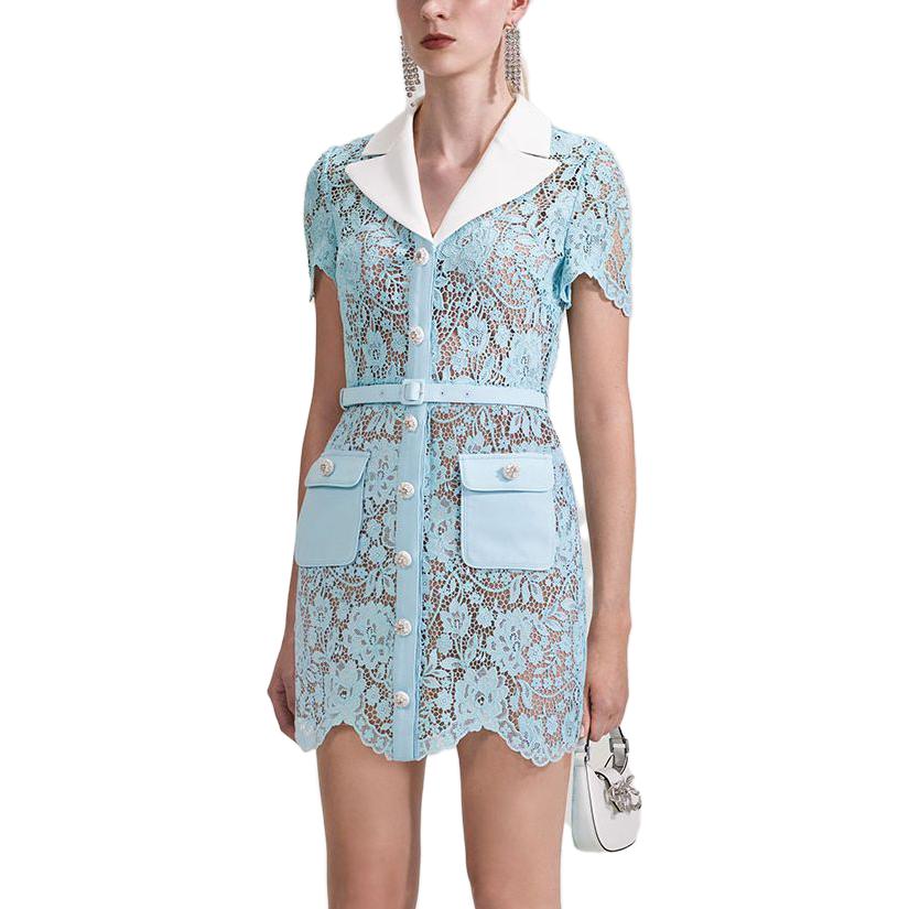 Purchase (W) Self-Portrait 蕾丝翻领修身派对连衣裙 - 雾霾蓝 SWF343Y08700