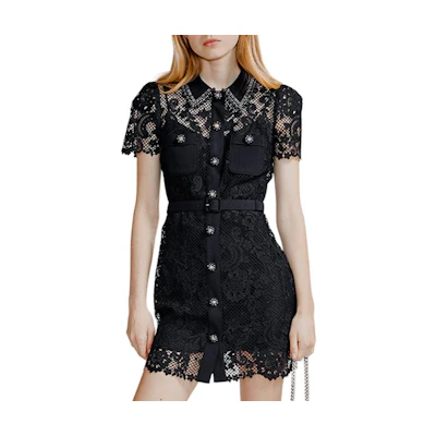 (Women) Self-Portrait Lace Polo Midi Dress in Classic Black. SWF344Y15900