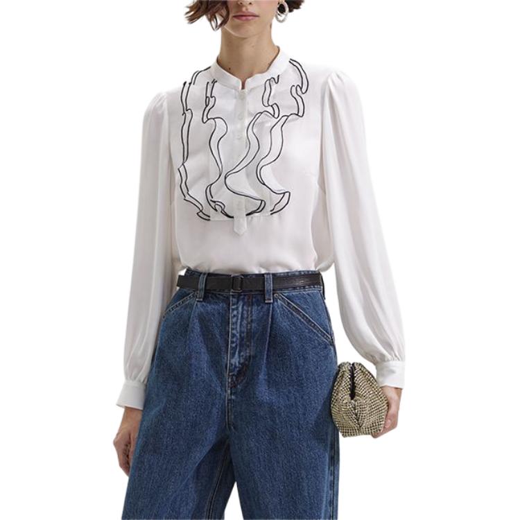 Lookbook (W) Self-Portrait 蕾絲荷葉邊長袖襯衫 象牙白 SWF352C02500