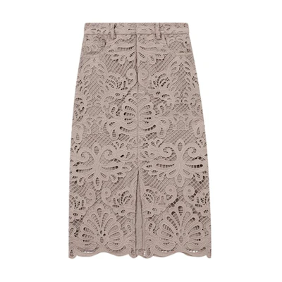 (Women) Self-Portrait Lace Split Hem Midi Skirt in Dark Gray Brown. SWF353Q00300