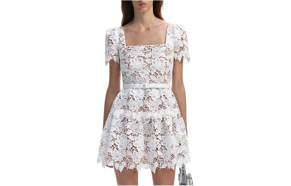 Buy (Women) Self-Portrait  Lace Square Neck Short Sleeve Mini Dress Pure White SWF351Y03500