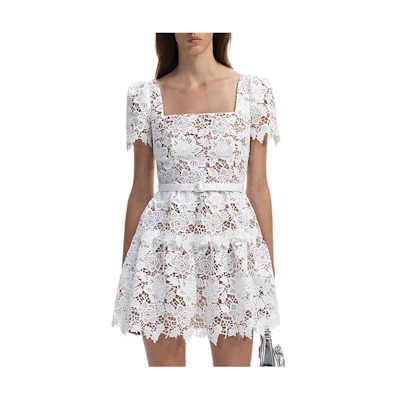 (Women) Self-Portrait Lace Square Neck Short Sleeve Mini Dress Pure White SWF351Y03500