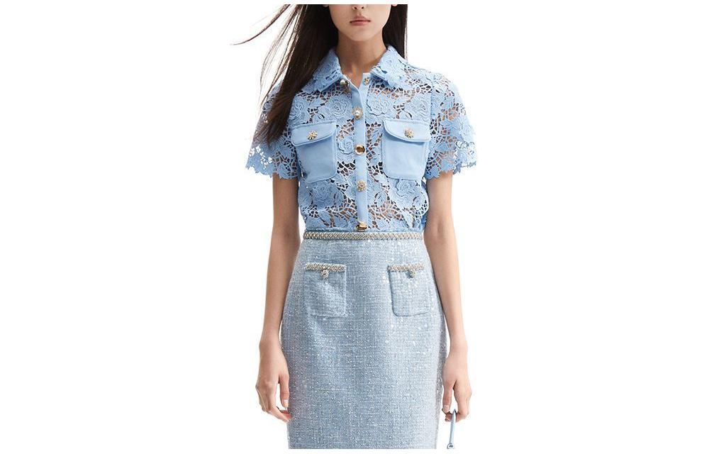 Order (W) Self-Portrait 蕾絲方領短袖襯衫 薄霧藍色 SWF351C02000