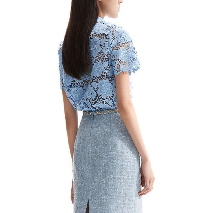Shop (W) Self-Portrait 蕾絲方領短袖襯衫 薄霧藍色 SWF351C02000