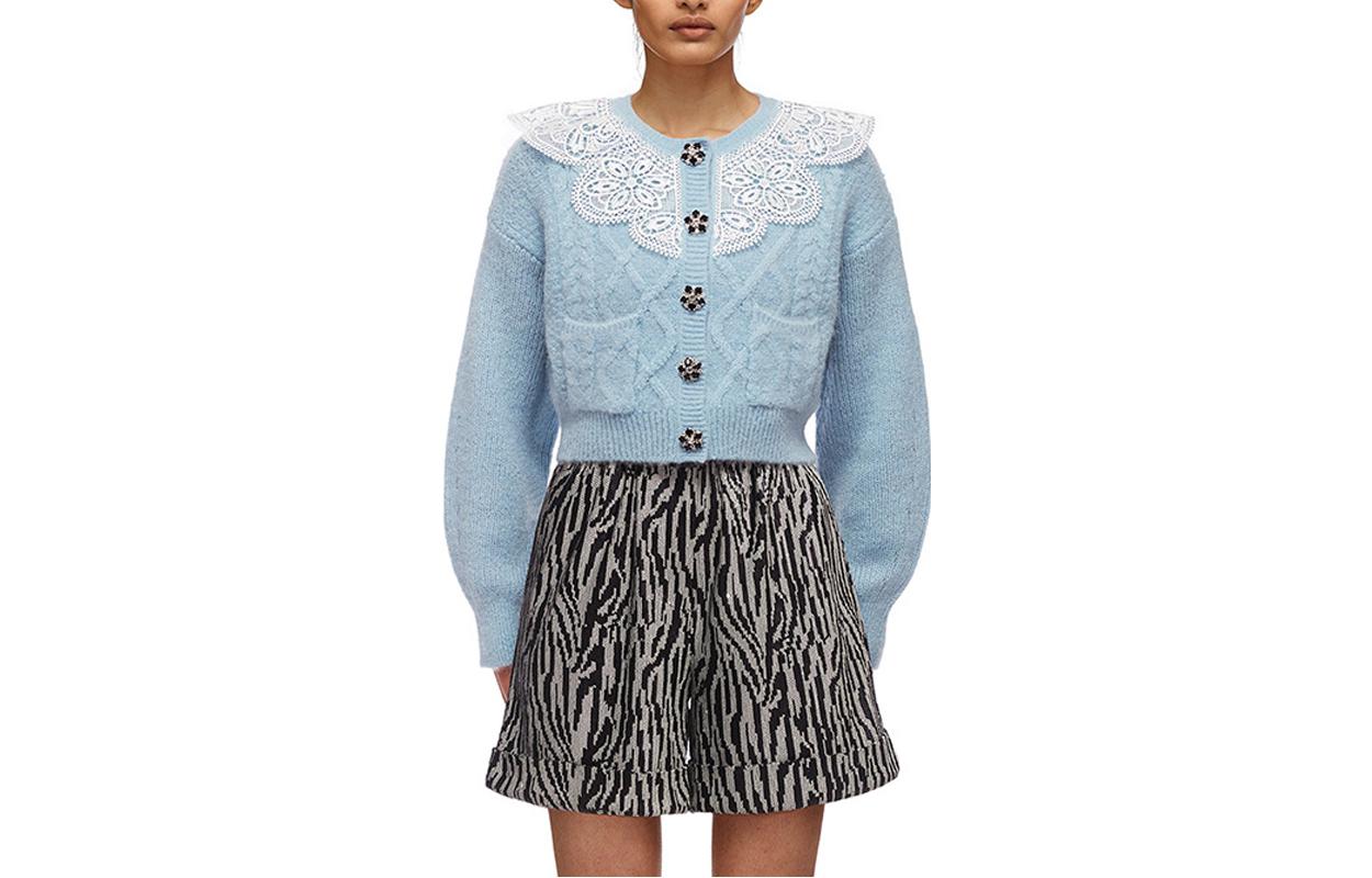 (Women) Self-Portrait  Lace Sweet Knit Sweater Misty Blue Round Neck. SWF325M00200