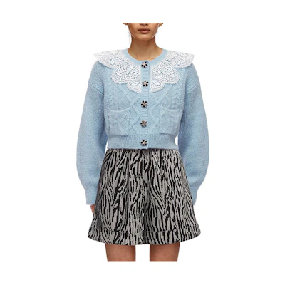 (Women) Self-Portrait Lace Sweet Knit Sweater Misty Blue Round Neck. SWF325M00200