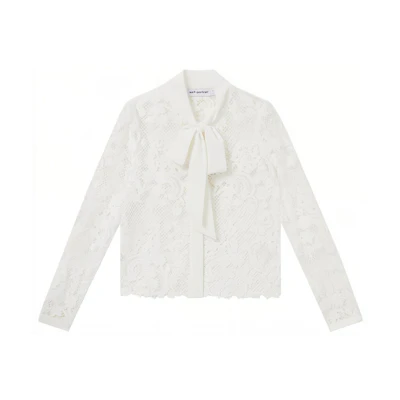 (Women) Self-Portrait Lace Tie Long Sleeve Shirt Ivory White. SWF344C03100