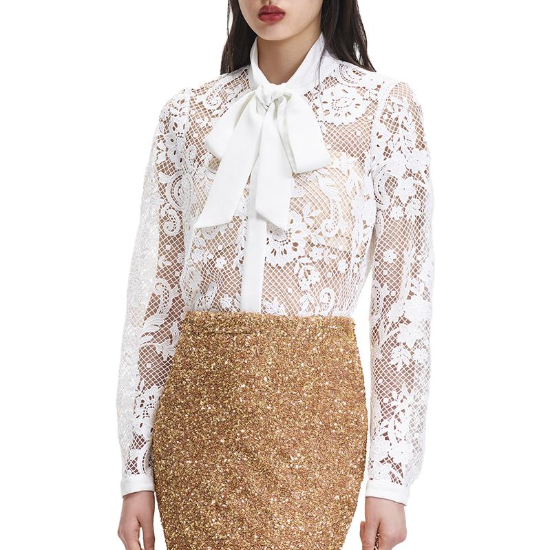 Lookbook (W) Self-Portrait 繫帶蕾絲長袖襯衫 象牙白 SWF344C03100