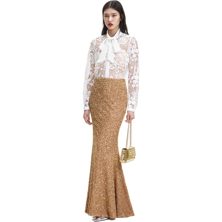 Shop (W) Self-Portrait 繫帶蕾絲長袖襯衫 象牙白 SWF344C03100