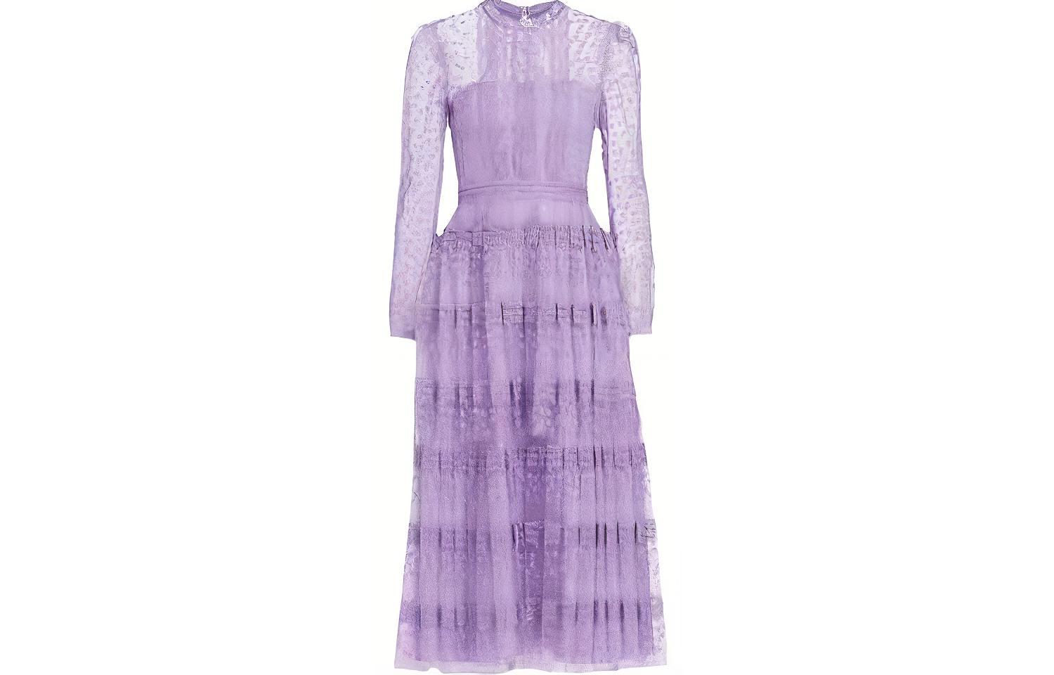 (Women) Self-Portrait  Lace Tulle Layered Midi Dress Lilac Purple Party Gown. SWF341Y04200