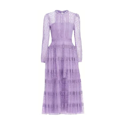 (Women) Self-Portrait Lace Tulle Layered Midi Dress Lilac Purple Party Gown. SWF341Y04200