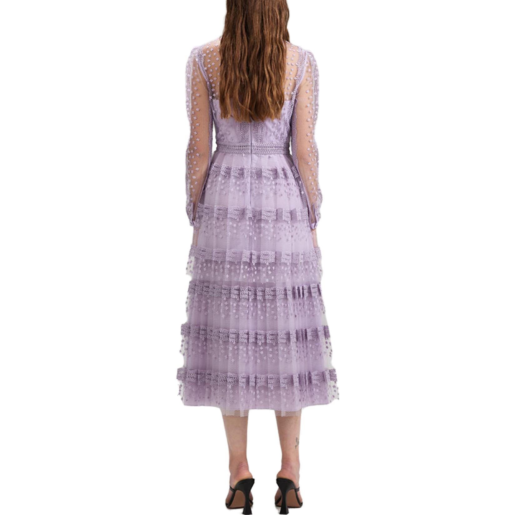 Shop (W) Self-Portrait蕾絲薄紗層疊紫丁香紫中長禮服派對裙。 SWF341Y04200