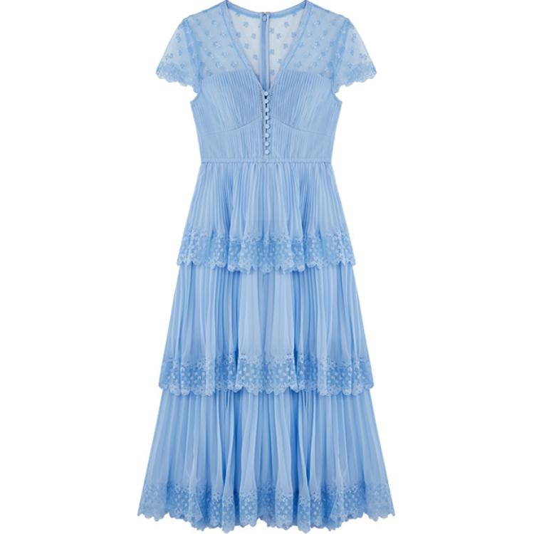 (Women) Self-Portrait  Layered Lace V-Neck Short Sleeve Dress Misty Blue SWF342Y13700