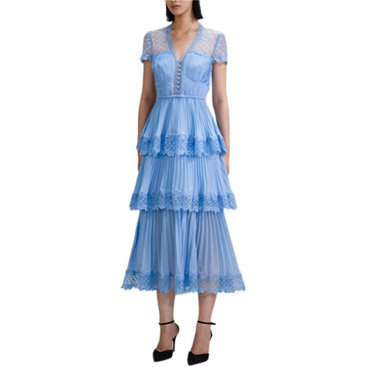 Purchase (W) Self-Portrait 叠层蕾丝V领短袖连衣裙 浅蓝色 SWF342Y13700