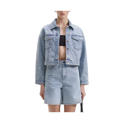(Women) Self-Portrait Light Blue Denim Jacket with Rhinestone Pockets & Collar. SWF352T02500