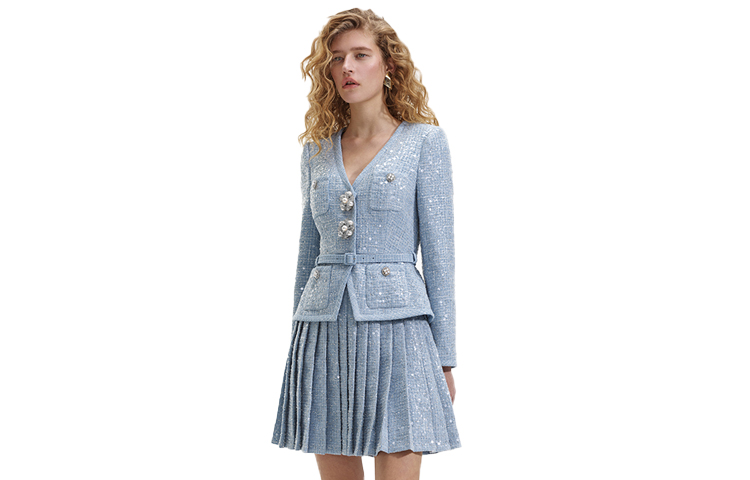 (Women) Self-Portrait  Light Blue V-Neck Blazer & Pleated Skirt Set. SWF352Y28300