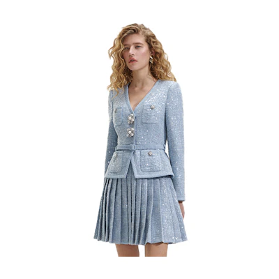 (Women) Self-Portrait Light Blue V-Neck Blazer & Pleated Skirt Set. SWF352Y28300