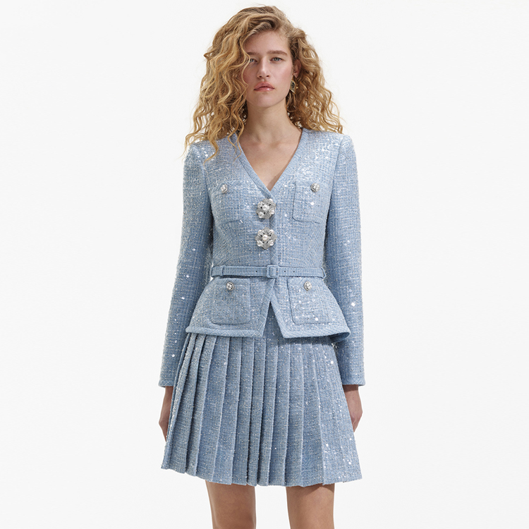 (Women) Self-Portrait  Light Blue V-Neck Blazer & Pleated Skirt Set. SWF352Y28300 圖 3