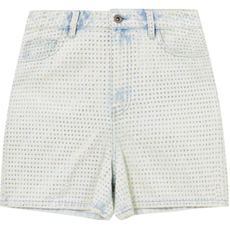 (Women) Self-Portrait  Light Denim Blue Rhinestone Straight-Cut Denim Shorts SWF353K00900