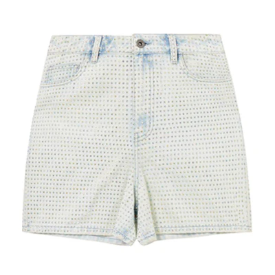 (Women) Self-Portrait Light Denim Blue Rhinestone Straight-Cut Denim Shorts SWF353K00900