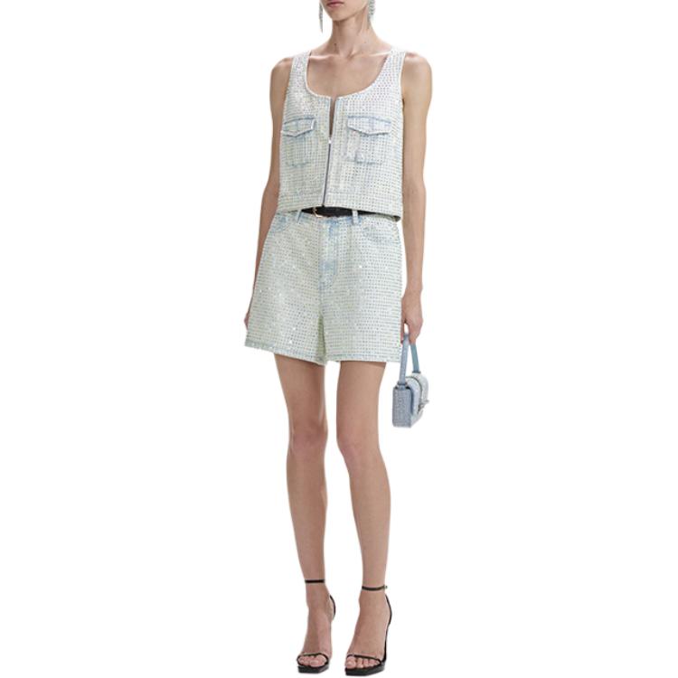 Purchase (W) Self-Portrait Seluar Pendek Denim Biru Muda dengan Rhinestone Potongan Lurus SWF353K00900