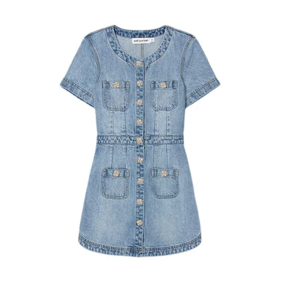 (Women) Self-Portrait Light Denim Blue Short-Sleeve A-Line Mini Dress. SWF352Y17700