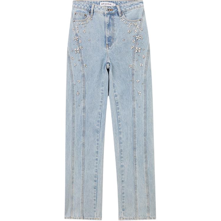 (Women) Self-Portrait  Light Denim Blue Straight Jeans with Rhinestone Details. SWF353K01200