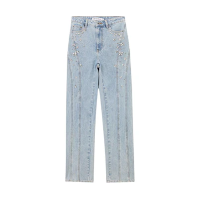 (Women) Self-Portrait Light Denim Blue Straight Jeans with Rhinestone Details. SWF353K01200