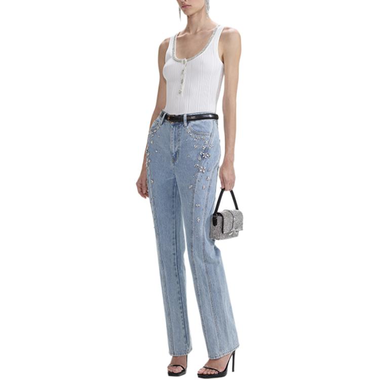 Purchase (W) Self-Portrait 淺牛仔藍直筒牛仔褲，鑽石裝飾設計。 SWF353K01200