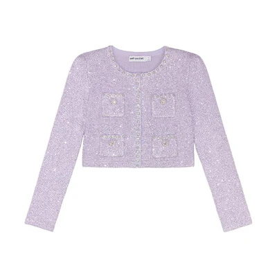 (Women) Self-Portrait Lilac Pearl-Trim Cropped Long Sleeve Knit Top. SWF343M00300