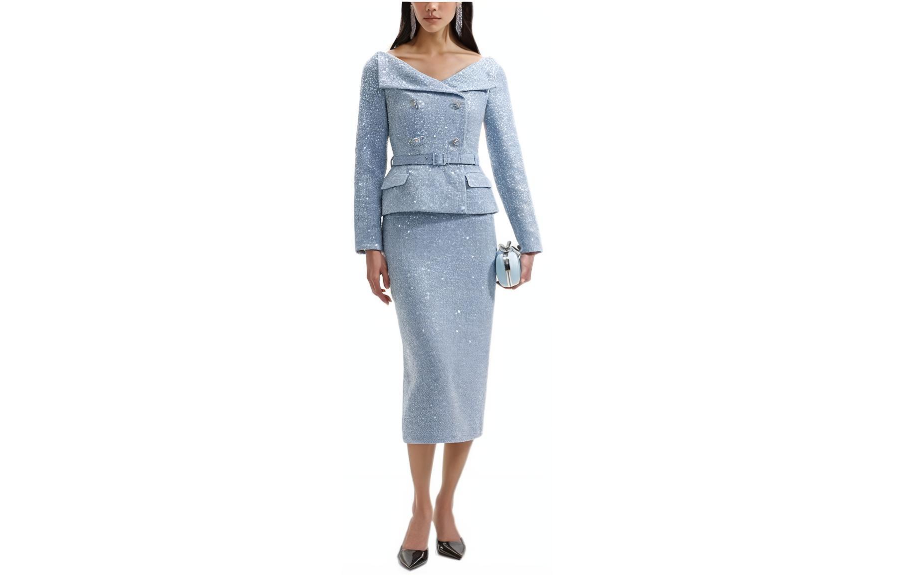 (Women) Self-Portrait  Long-Sleeve Midi Dress in Misty Blue with Waist-Tie Design. SWF351Y28100
