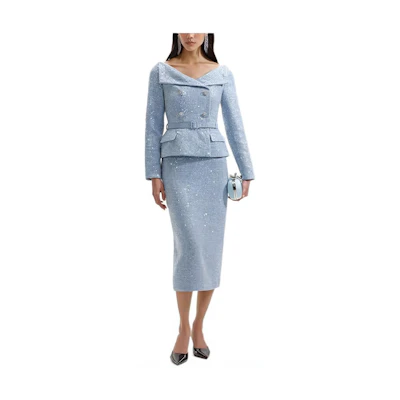 (Women) Self-Portrait Long-Sleeve Midi Dress in Misty Blue with Waist-Tie Design. SWF351Y28100