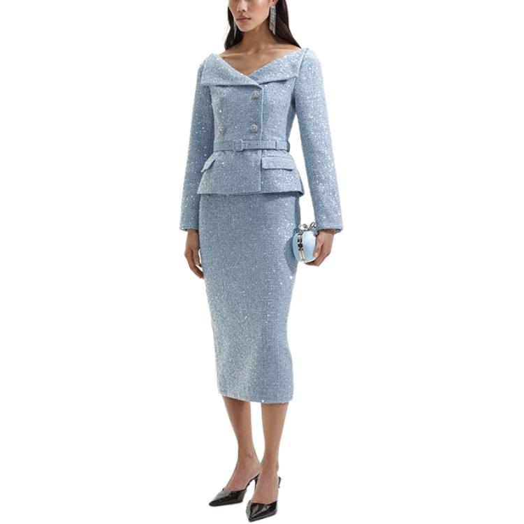 (Women) Self-Portrait  Long-Sleeve Midi Dress in Misty Blue with Waist-Tie Design. SWF351Y28100 圖 3