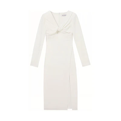 (Women) Self-Portrait Long-Sleeve Midi Dress with Slit in Pure White. SWF352Y22300