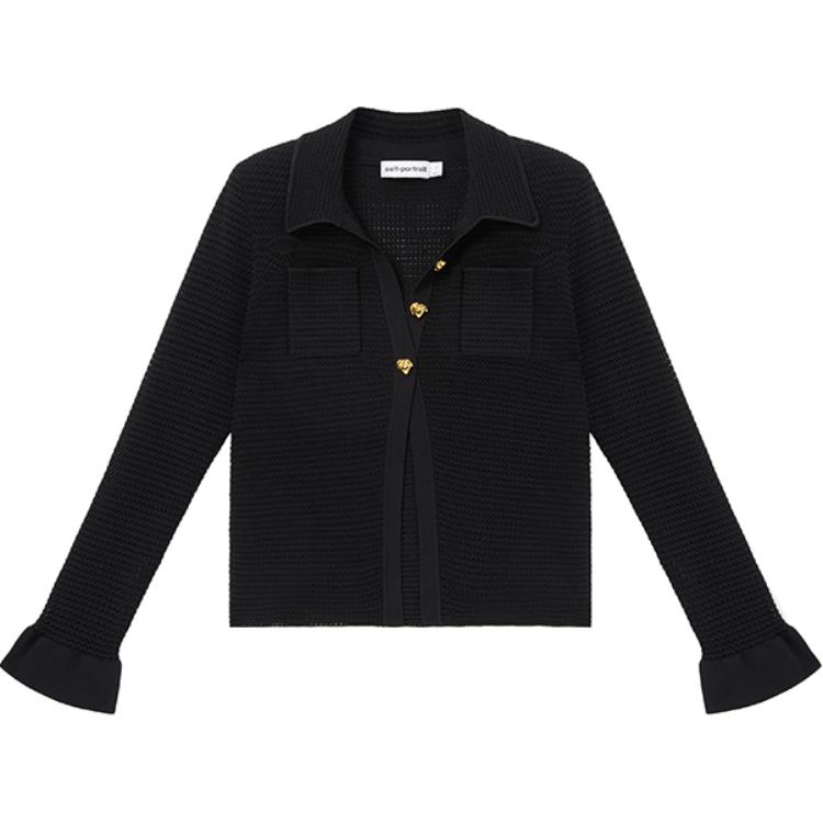 (Women) Self-Portrait  Long Sleeve Knit Shirt with Lapel in Classic Black SWF352M07800