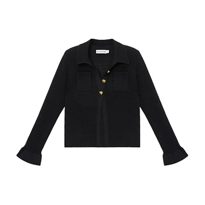 (Women) Self-Portrait Long Sleeve Knit Shirt with Lapel in Classic Black SWF352M07800