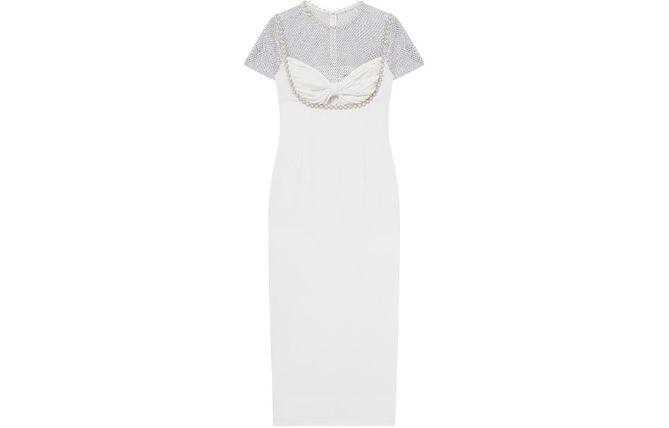 (Women) Self-Portrait  Mid-Length Fitted White Dress with Crystal Embellished Neckline SWF352Y21500