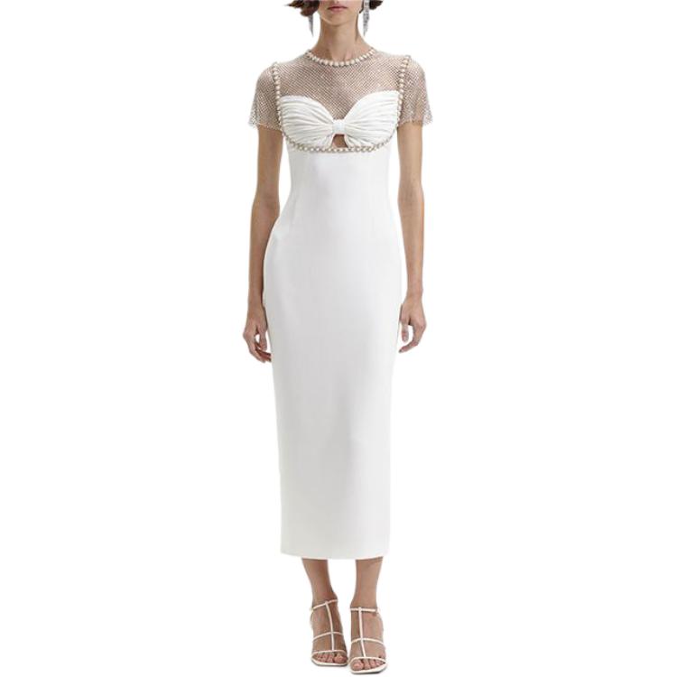 (Women) Self-Portrait  Mid-Length Fitted White Dress with Crystal Embellished Neckline SWF352Y21500 圖 3