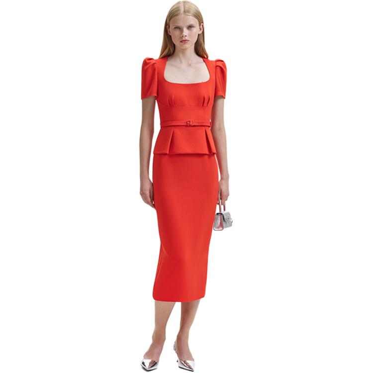 (Women) Self-Portrait  Mid-Waist Short Sleeve Dress Bright Orange. SWF344Y22500