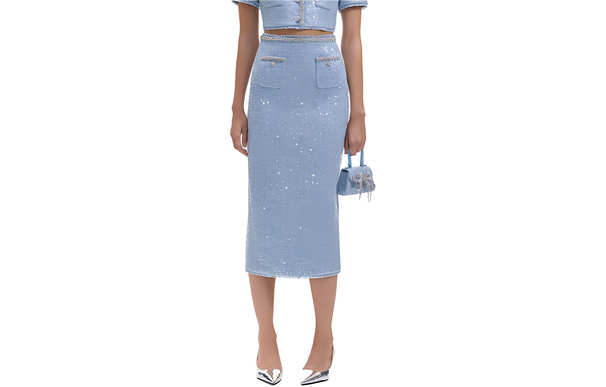 (Women) Self-Portrait  Midi Casual Dress Slim Fit in Misty Blue. SWF351Q01100