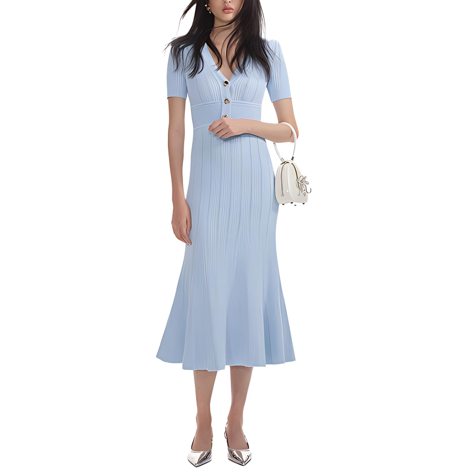 (Women) Self-Portrait  Midi V-Neck Dress in Misty Blue SWF354M08300