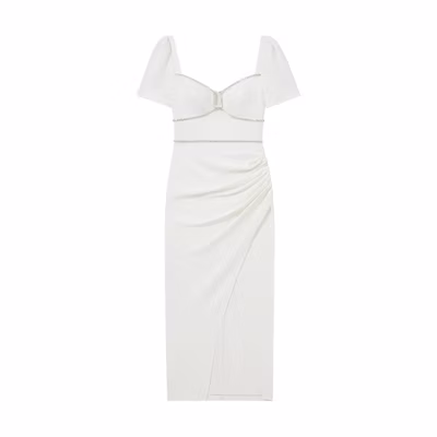 (Women) Self-Portrait Midi White Short Sleeve Dress with Zip Detail SWF342Y24900