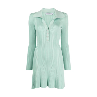 (Women) Self-Portrait Mint Green Slim-Fit Polo Collar Long Sleeve Short Dress RS24160MMMINT