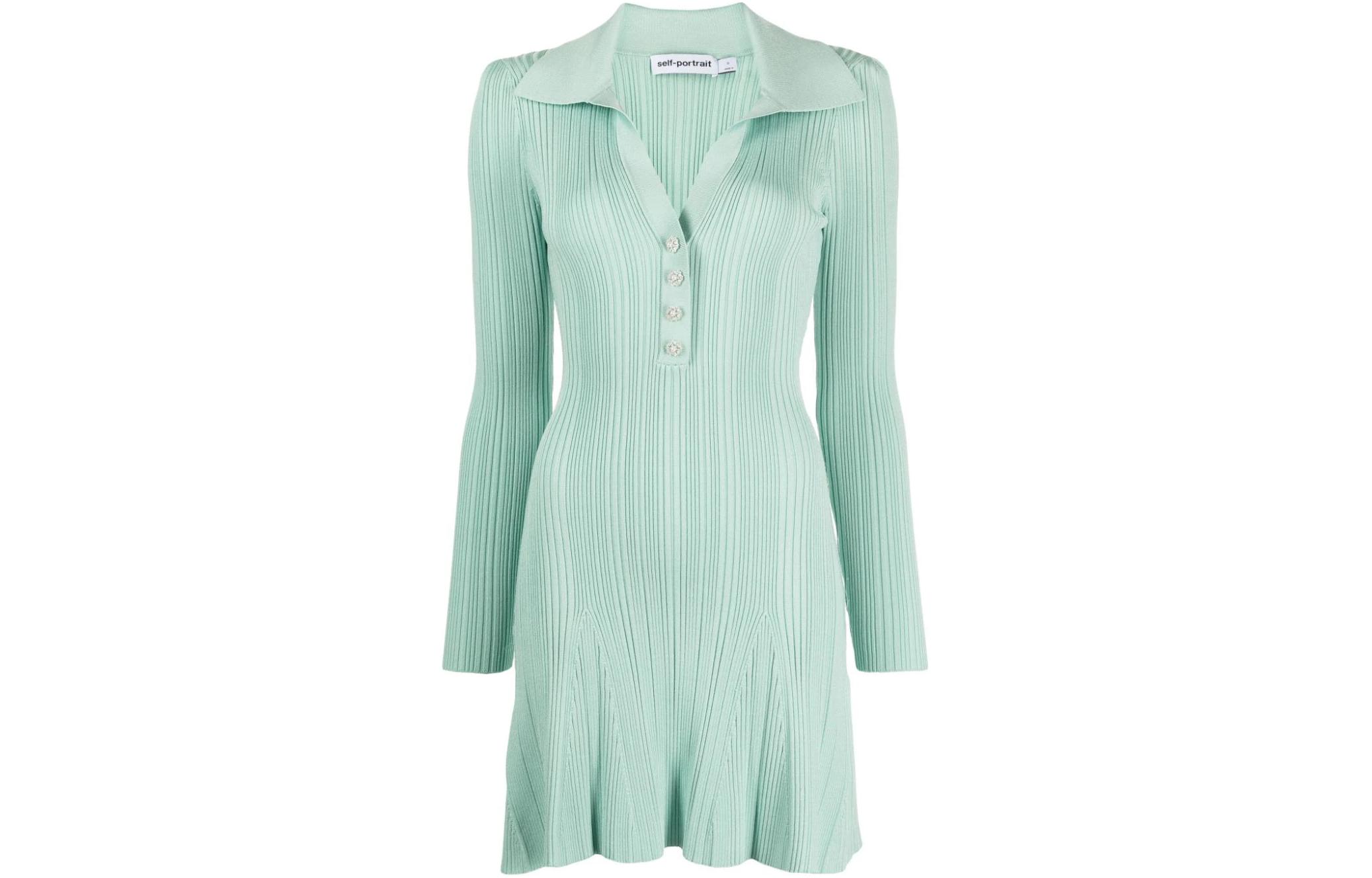 (Women) Self-Portrait  Mint Green Slim-Fit Polo Collar Long Sleeve Short Dress RS24160MMMINT 圖 2