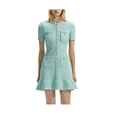 (Women) Self-Portrait Mint Green Slim Fit Knit Short-Sleeve Dress. SWF351M03300